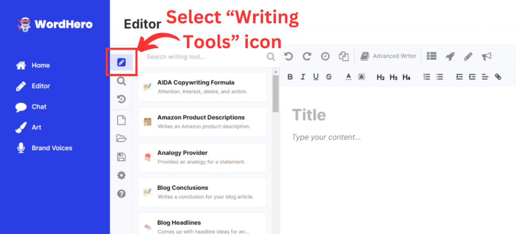 access to ai writing tools on wordhero's text editor page
