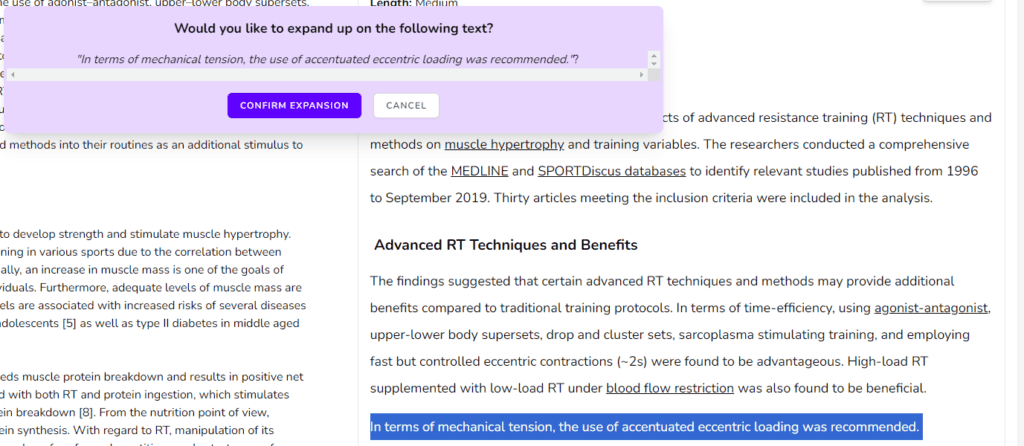 highlighting text to expand upon text