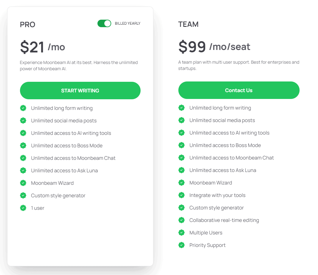 moonbeam ai writing software pricing