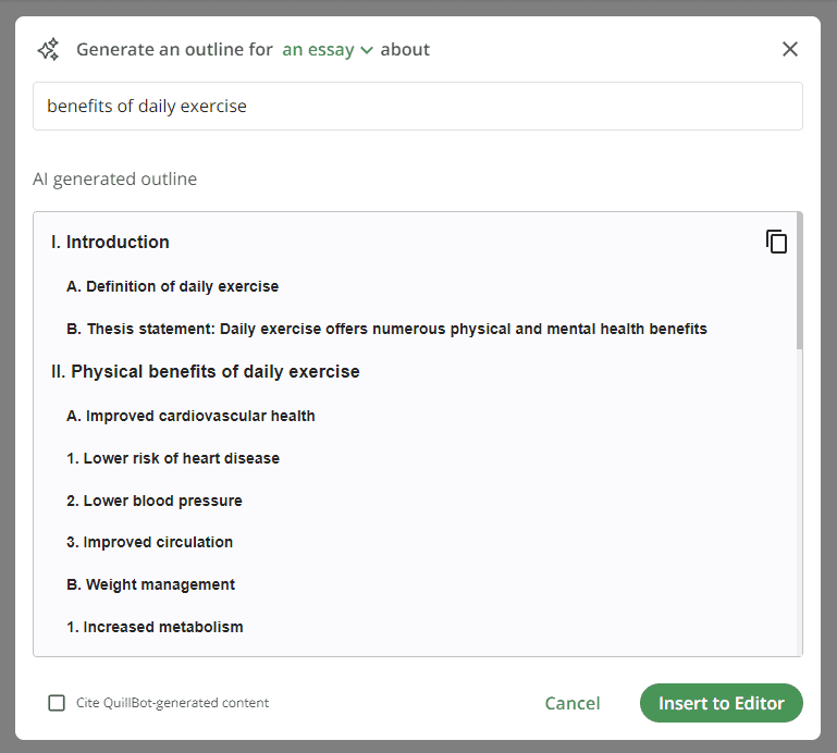 quillbot flow example of an outline generated for an essay