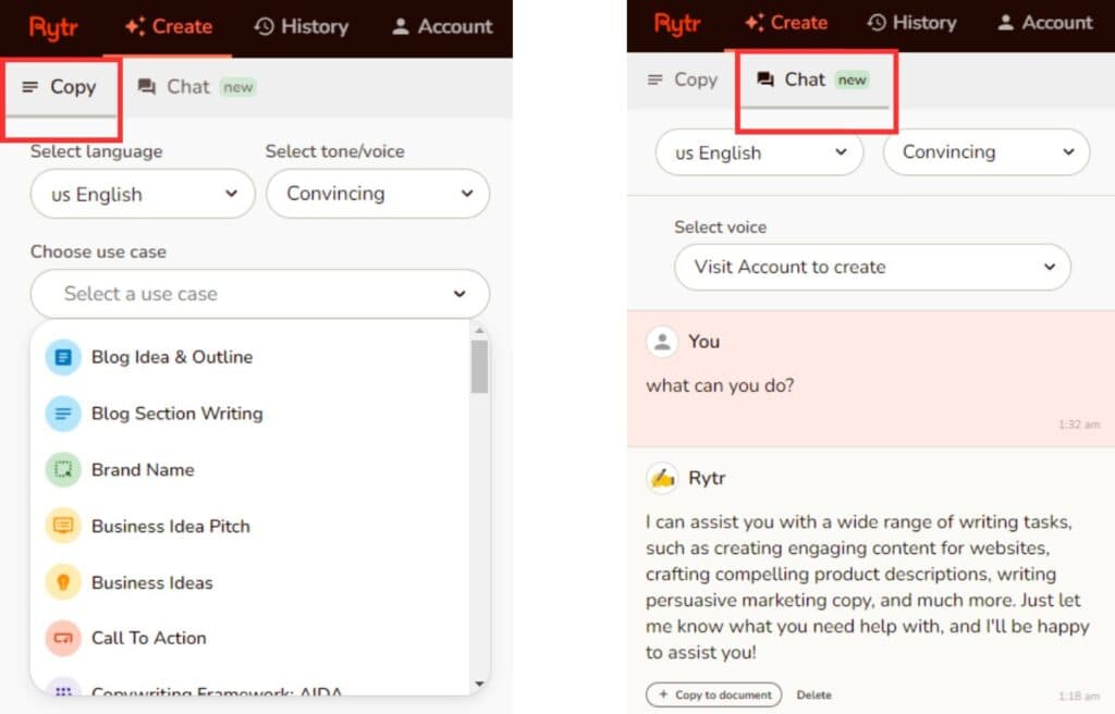 rytr sidebar features