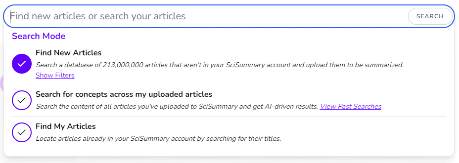 SciSummary search for research papers in their database