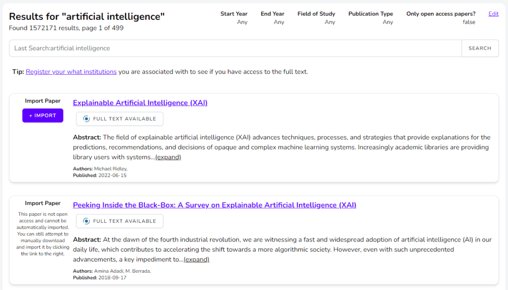 SciSummary search results page for articles