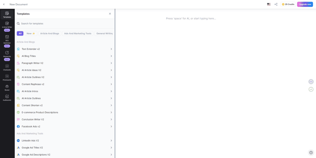 writesonic new document creation