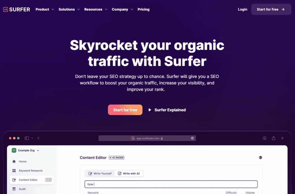 SurferSEO homepage