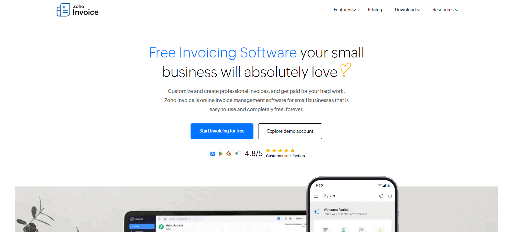 Zoho Invoice homepage