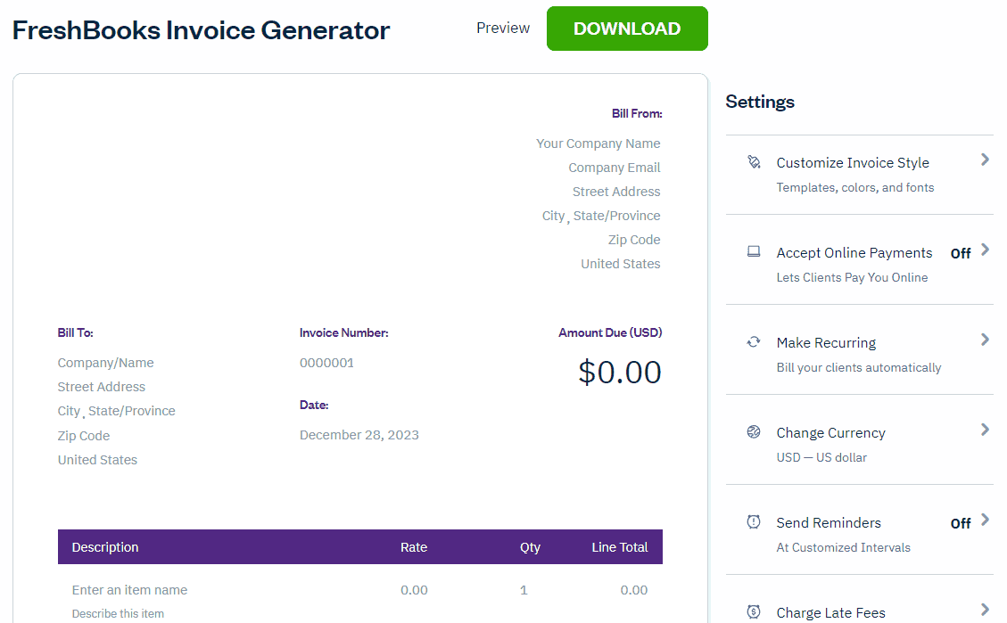 FreshBooks invoice generator