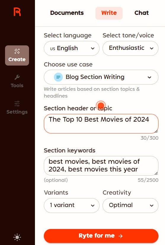 section header and topic in rytr