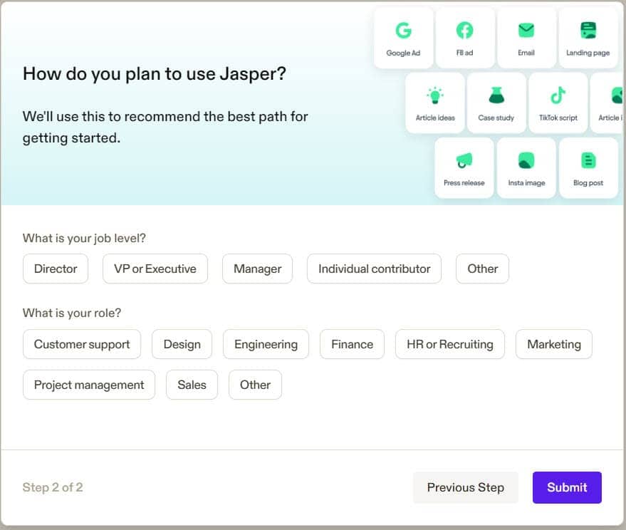 jasperai onboarding screen questions