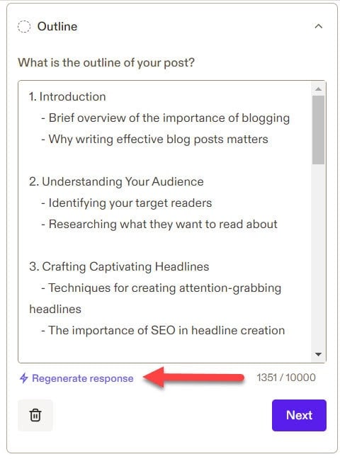 Regenerate response in jasper ai outline