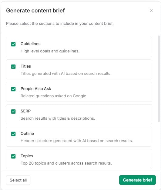 generate content brief on frase.io