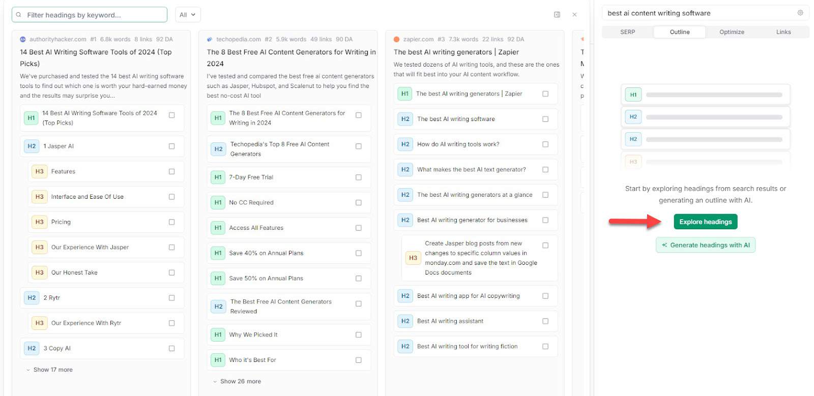creating a blog outline on frase.io