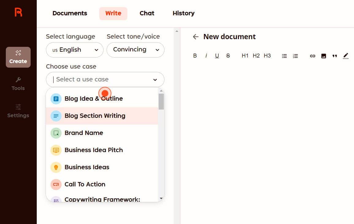 Select use case in rytr