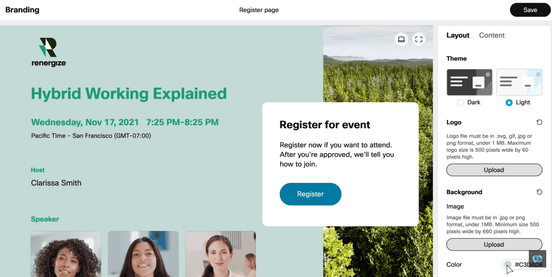 webex webinar branding customization page