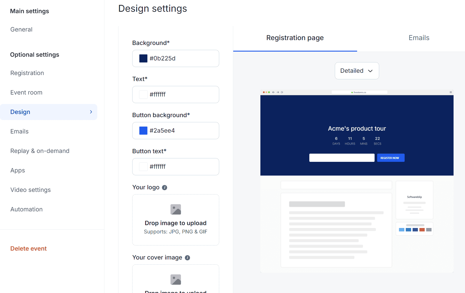 livestorm webinar design settings