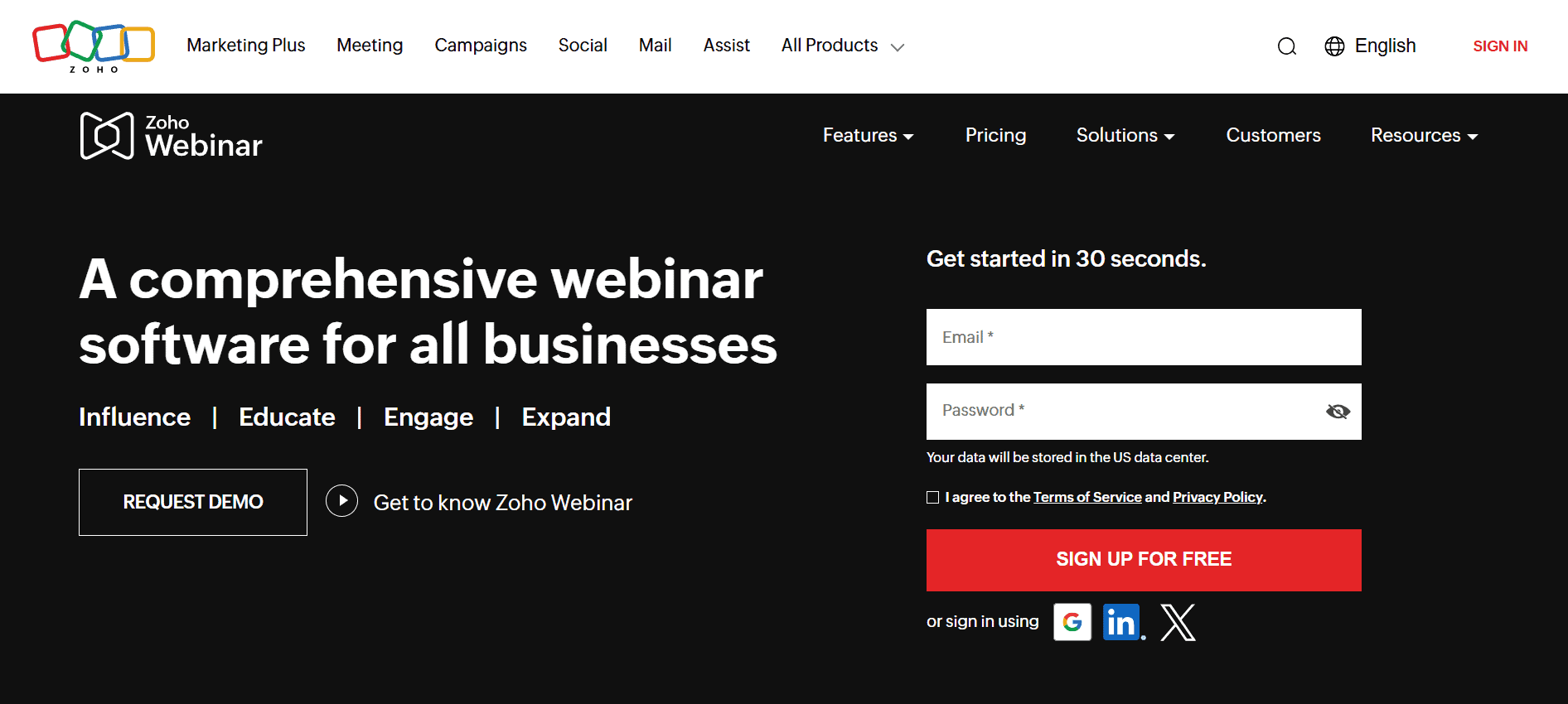 zoho webinar home page